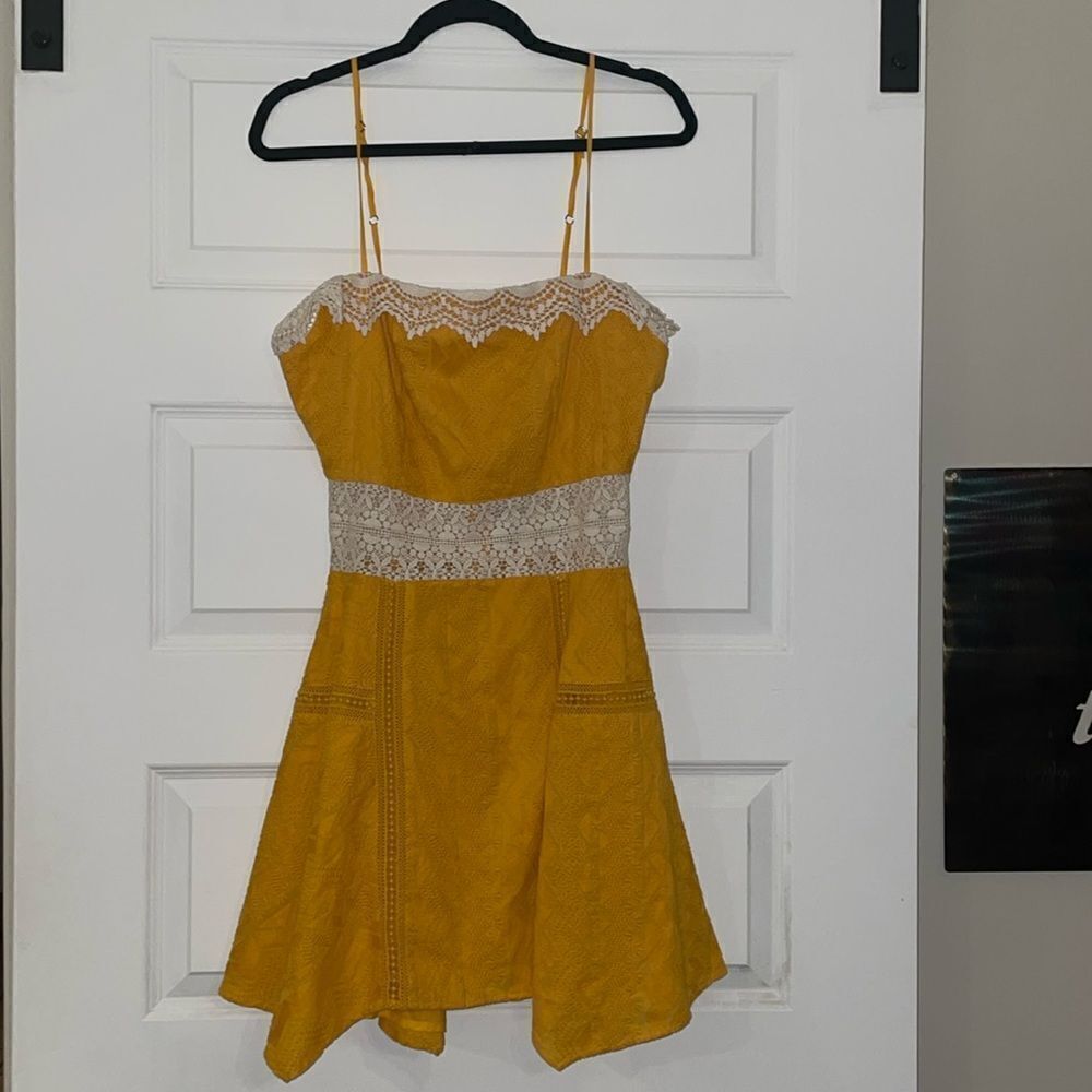 Tularosa Mustard Brocade Sundress with Cream Lace Trim
